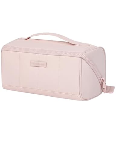 NISHEL Travel Makeup Bag for Women, Fluffy Lightweight Open-Flat Cosmetic Organizer with Multiple Functional Dividers & Independent Brush Storage, Portable Handle, Pink