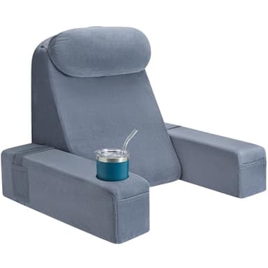 Reading Pillow for Adults, Back Pillow for Bed Sitting Up, Backrest Pillow for Sitting in Bed, Detachable Arms with Built-in Cup & Phone Caddy (Gray, 21 INCH)