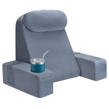 Reading Pillow for Adults, Back Pillow for Bed Sitting Up, Backrest Pillow for Sitting in Bed, Detachable Arms with Built-in Cup & Phone Caddy (Gray, 19 INCH)