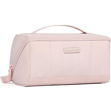 NISHEL Travel Makeup Bag for Women, Fluffy & Lightweight Open Flat Cosmetic Organizer with Multiple Functional Divider for Brush Independent Storage, Handle for Easy Portability, Pink