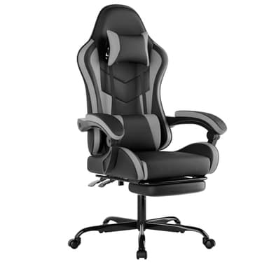 NIONIK Gaming Chair with Footrest, Ergonomic Gaming Chair Racing Style Adjustable Height High-Back PC Computer Chairs, Video Game Chairs with 360°-Swivel Seat and Headrest, Black Grey