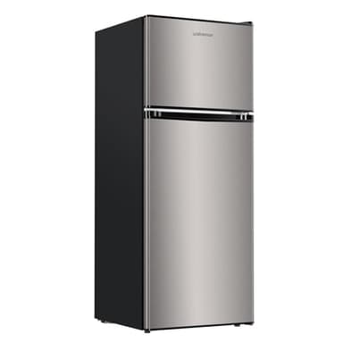 Upstreman 4.0 Cu.Ft. Mini Fridge with Freezer, Dorm Essentials, Double Door, Small Refrigerator for Office, Dorm, Bedroom, Adjustable Thermostat, Large Capacity, Stainless-SR401