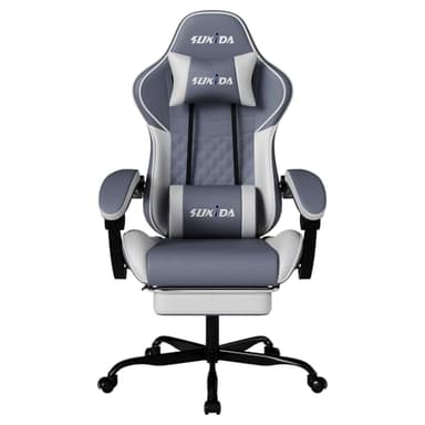 SUKIDA Grey Gaming Chair Massage - Gamer Chair Adult Gamers Choice Size Cool Big People, Fbric PC Video Game Ergonomic Gamingchair with Footrest, Racing Office Computer Reclining Comfortable Recliner