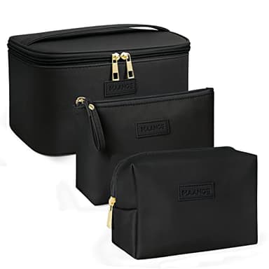 MAANGE Makeup Bag Waterproof Travel Cosmetic Bag PU Leather Cosmetic Pouch Portable Makeup Organizer Bag Large Capacity Toiletry Bag Multifunctional Storage Make Up Bag for Women (Black, 3Pcs)