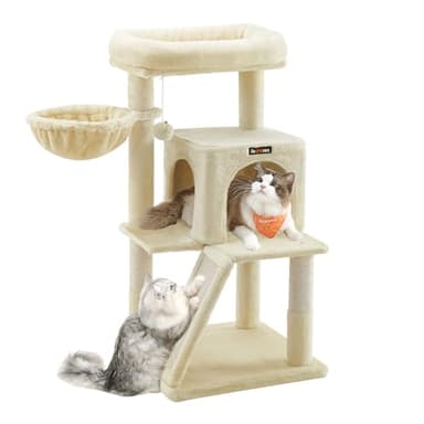 Feandrea Cat Tree, Small Cat Tower with Widened Perch for Large Cats Indoor, Kittens, 96 cm Multi-Level Cat Condo, Scratching Posts and Ramp, 2-Door Cat Cave, Cat Basket, Beige UPCT51M