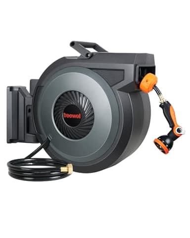 TREEWELL Retractable Garden Hose Reel, 1/2 in x 100ft Heavy Duty Wall Mounted Hose Reel with 10 Patterns Nozzle, Auto Rewind/Any Length Lock, 180° Swivel Bracket