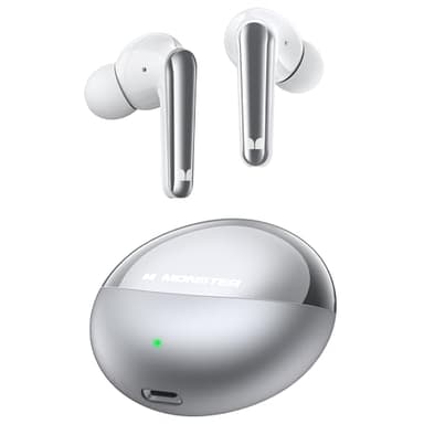Monster N-Lite 203 AirLinks Wireless Earbuds, Bluetooth 5.3 Headphones HiFi Stereo, Crystal Clear Call, 30H Playback, Type-C Charging, IPX6 Waterproof Wireless in-Ear Earbuds, Silver