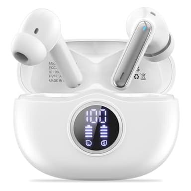 Fhumsh Wireless Earbuds, Bluetooth 5.3 Headphones HiFi Stereo 50H Playback LED Digital Display Ear Buds with ENC Noise Canceling Headset, IPX7 Waterproof Earphones for Gym/Running/Work White
