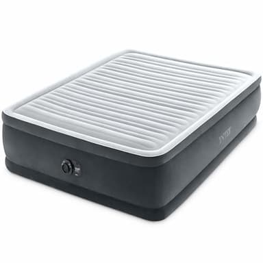 INTEX 64413ED Dura-Beam Deluxe Comfort-Plush Elevated Air Mattress: Fiber-Tech – Queen Size – Built-in Electric Pump – 18in Bed Height – 600lb Weight Capacity