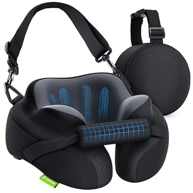 AUVON Travel Neck Pillow for Airplane with Seat Straps to Secure Head & Neck for Relaxing Sleep on Long Flights, Ear-Friendly Design, Supportive Memory Foam Neck Pillow, Breathable Fabric, Carry Case