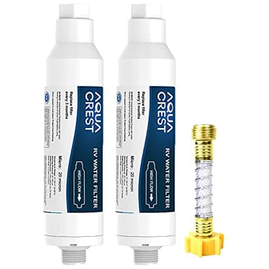 Aqua Crest RV Inline Water Filter with 1 Hose Protector, Reduces Lead, Fluoride, Chlorine, Bad Taste&Odor, Dedicated for RVs and Marines, 2 Pack Drinking & Washing Filter (Packing May Vary)