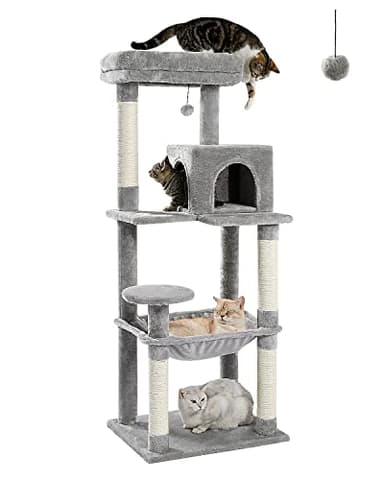 PEQULTI Cat Tree for Large Cats with Metal Frame Big Hammock, Cat Tower for Indoor Cats with 2 Door Condo House, [56.3"=143cm] Multi-Level Cat Shelves with Scratching Posts and Top Perch, Grey
