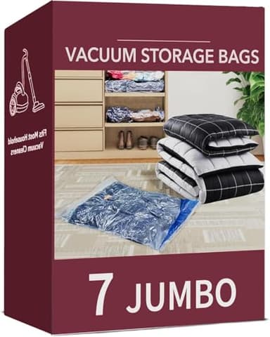 Vacuum Storage Bags – 7 Jumbo Space Saver Compression Bags for Clothes, Pillows, Comforters, Blankets & Bedding | Durable Plastic Sealer Bags for Home Storage