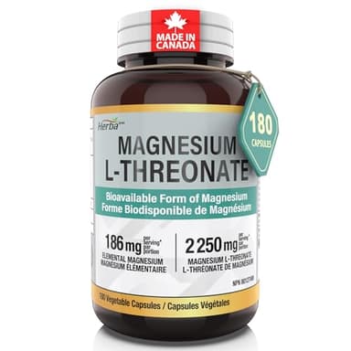 Herba Magnesium L-Threonate – 2,250mg of Magnesium L Threonate Per Serving (3 Capsules) - 186mg of Elemental Magnesium | Bioavailable Form of Magnesium Supplement | 180 Vegetable Capsules | Made in Canada