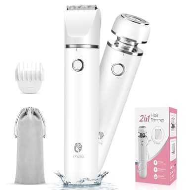 Cayzor Bikini Trimmer and Shaver for Women - 2-in-1 Wet/Dry Electric Body Hair Trimmer Cordless Waterproof Facial Hair Removal Shaver Razor for Painless Trimming of Pubic Face Underarm Legs (White)