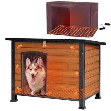 Aivituvin Heated Dog House Outdoor Dog Kennel with Insulated Liner All-Around Iron Frame Large Dog Cage for Small & Medium Dogs (Brown Medium)