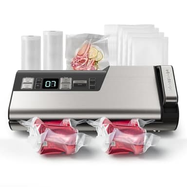 Mesliese Vacuum Sealer Machine, 95kPa 140W Double Seal Powerful Food Sealer, One Hand Operation Food Storage with Build-in Cutter & Roll Storage, ETL Tested, Includes 2 Bag Rolls