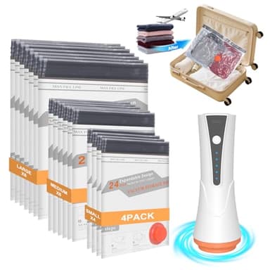 Vacuum Storage Bags for Travel with Rechargeable Air Pump, 16 Pack Compression Packing Bags 80% Space Saver Vacuum Seal Bags for Clothing, Blankets, Comforters, Pillows, Suitcase and Luggage