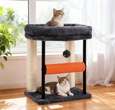 Hey-brother Cat Tree Tower with Rolling Scratching Post, Spacious Plush Platforms, Fully Sisal-Wrapped Column and Plush Toy Ball, Sturdy Bed for Indoor Kittens, 18.9 inches, Smoky Gray MPJ010SG