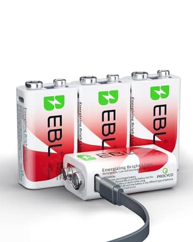 EBL 9V Rechargeable Batteries, 5400mWh Lithium Batteries with 1600+ Cycles, 2-Hour USB-C Fast Charge for Smoke Detectors, Fire Alarms, Electric Guitars, 4 Pack
