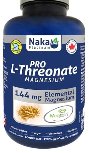 Naka Platinum Magnesium L-Threonate Magtein, 144mg Elemental Magnesium per Dose, Supports Cognitive Function, Brain Health, Memory Enhancement and Sleep Quality, 120 Veggie Caps
