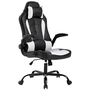 BestOffice Gaming Chair Ergonomic PC Video Game Chair Racing Computer Chair with Lumbar Support Flip Up Arms Headrest PU Leather Executive High Back Chair (White, Without footrest)