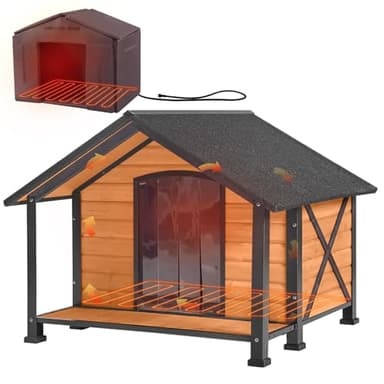 Aivituvin Heated Dog House Outdoor with Metal Frame Insulated Indoor Dog Kennel 40.6'L Large Cage for Small Medium Large Dogs with Heater and Insulated Liner (Brown, L with Heater-B)