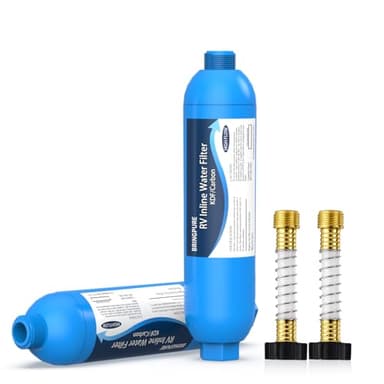 2 Packs of RV Inline Water Filter with Flexible Hose Protector, NSF 42/372 Certified, Reduce Chlorine, Odor, Taste, Rust and Fluoride in Drinking Water, Dedicated for RVs and Marines.