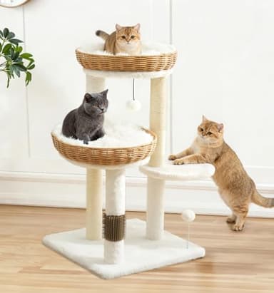 Made4Pets Cat Tree for Large Cats Adult with 2 Large Handwoven Rattan Cat Bed, Cat Tower with 2 Sisal Cat Scratching Posts / 2 Soft Cushions/Self Groomer / 2 Balls for Indoor Cats-81cm/32