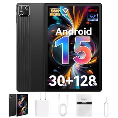 Tablet, 10.1 Inch Android 15 Tablet with 30GB RAM 128GB ROM 1TB Expansion, Octa-core Processor, HD IPS Touchscreen Dual 5MP+8MP Camera, WiFi 6, BT 5.4, Widevine L1 (Black)