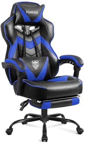 Vonesse Gaming Chair, Reclining Gaming Chairs with Footrest and Massage, High Back Gaming Chairs for Adults with Pocket Spring Cushion, Big and Tall Computer Chair with Lumbar Support (Blue/Black)
