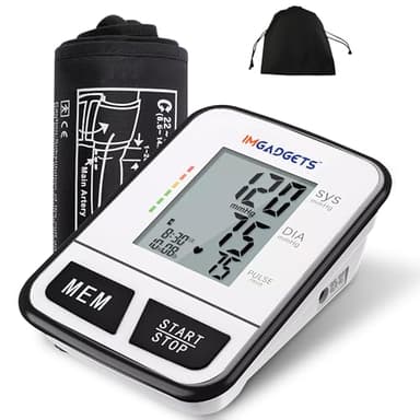 IMGadgets Blood Pressure Monitor (Upper Arm Machine) - Large HD Backlit Display for Home & Travel, Accurate Heart Rate & Irregular Heartbeat Monitor, 120 Memory records, Health Canada Approved Blood Pressure Cuff
