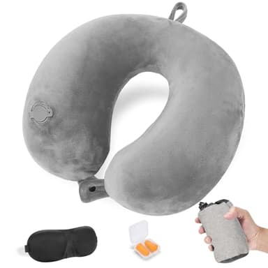 Cirorld Inflatable Travel Pillow for Airplanes, Compact Travel Neck Pillow with Eye Mask and Earplugs, Lightweight Neck Support Travel Pillows for Long Flight, Road Trip, Grey