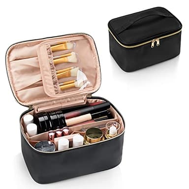 Makeup Bag, Portable Cosmetic Bag, Large Capacity Travel Makeup Case Organizer for Women and Girls, Train Case Makeup Bag for Toiletries for Traveling with Handle and Divider, Black