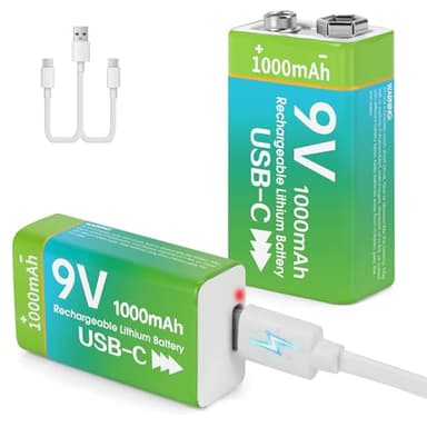 volkate Rechargeable 9V Batteries for Smoke Detector, 2 Pack 1000mAh 9 Volt Lithium 6F22 Square Battery with USB-C Charging Cable for Smoke Alarms, Guitar Pedals