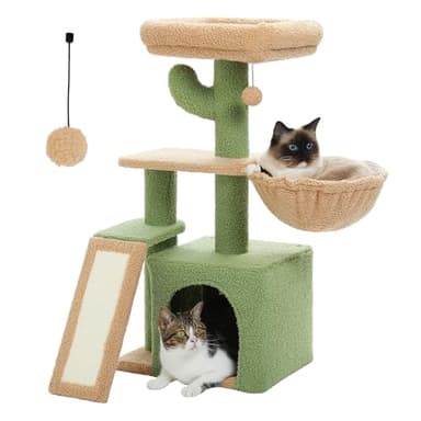 PAWZ Road Cactus Cat Tree for Indoor Cats, [31.5''=80CM] Cute Cat Tower Cat Condo with Sisal Scratching Ramp, Cozy Hammock and Removable Top Bed Perch for Kittens, Green