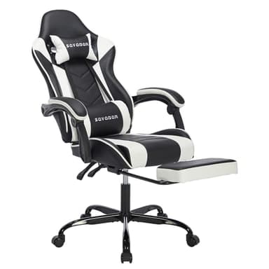 Gamer Chair Pu Leather Computer Desk Chair, Ergonomic Gaming Chair with Footrest and Massage Video Game Chairs, Adjustable High Back Office Chair Swivel Gaming Recliner for Adults