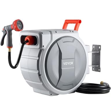 VEVOR Retractable Garden Hose Reel, 1/2 in x 100 ft, Wall Mounted Hose Reel with 9-Function Sprayer Nozzle and 180° Swivel Bracket, Any Length Lock, Automatic Slow Rewind System, for Garden Watering