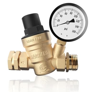 RVGUARD RV Water Pressure Regulator Valve, Lead-Free Brass Adjustable Water Pressure Reducer with Gauge and Inlet Screen Filter for RV Camper Travel Trailer
