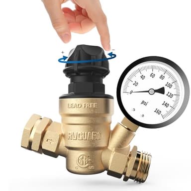 RVGUARD RV Water Pressure Regulator Valve with an Adjustable Knob, NO Tool Required, Brass Lead-Free Water Pressure Reducer with Gauge and Inlet Screen Filter for RV Camper Travel Trailer RGWPR-H