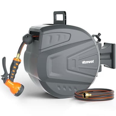 Roywel Retractable Garden Hose Reel,Retractable Hose Reel Wall Mount,with 9- Function Sprayer Nozzle,Self-Rewind,Slow Retraction,Self-Locking,Wall Mounted,180° Pivot Bracke