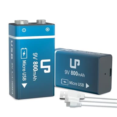 LP 9V Rechargeable Battery Pack, 2-Pack 800mAh Li-ion 9 Volt USB Battery with Micro USB Charging Port for Alarms, Smoke Detectors, Flashlights, Guitar, Keyboard & More