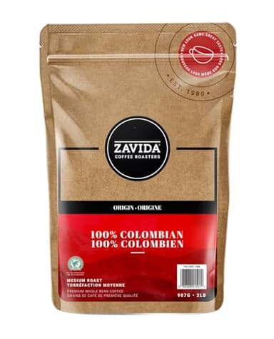 Zavida 100% Colombian Premium Whole Bean Coffee, Medium Roast, RFA 30%, Kosher, Halal, 2 Pound Bag