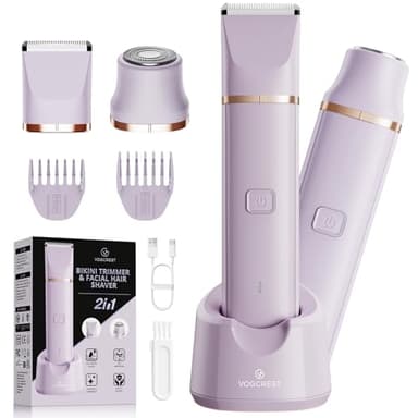 VG VOGCREST Bikini Trimmer for Women: 2-in-1 Painless Body Shaver for Underarm Leg Arm - Portable Travel Friendly Pubic Grooming Kit - Rechargeable Electric Razor with Charging Dock