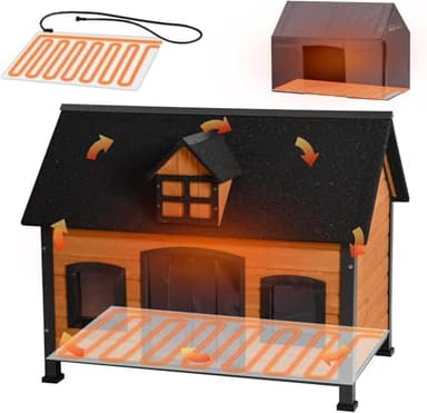 Aivituvin Heated Dog House with Insulated Liner Anti-Chewing Metal Frame Design Insulated Wooden Dog Kennel with Weatherproof Roof, Weatherproof Dog House for Outdoor Indoor (Brown, Large with Heater)