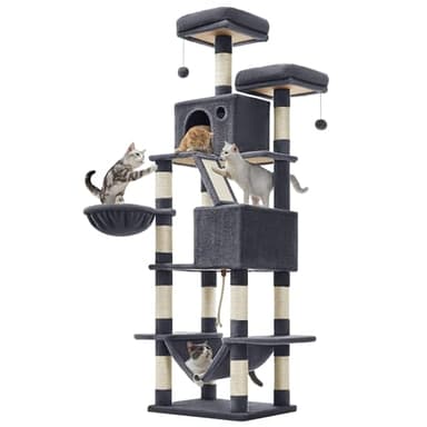 Feandrea Cat Tree, 206 cm Large Cat Tower Condo with 13 Scratching Posts, 2 Perches, 2 Caves, Basket, Hammock, Pompoms, Multi-Level Design, Smoky Gray UPCT190G01