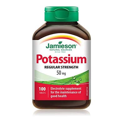 Jamieson Potassium 50 mg, Supports Muscle and Nerve Function, Electrolyte Support, and Helps Prevent Potassium Deficiency. Vegetarian, Non-GMO, Gluten-Free, 100 Tablets, Proudly Canadian