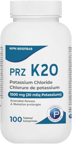 Pharmaris K-20 Potassium Chloride 1500mg Extended Release Tablets, Provides 20 mEq Potassium, Electrolyte Replenisher for Hypokalemia Treatment, Daily Use Supplement, 100 Tablets