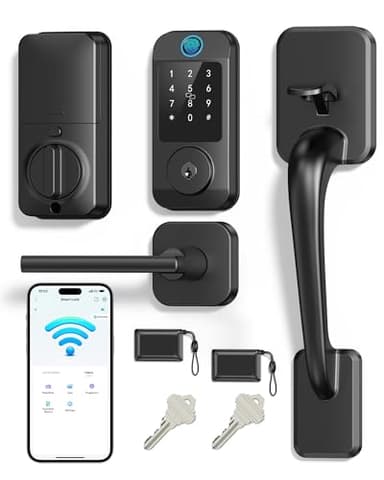 Firstriver Wi-Fi Smart Lock with Handle, Keyless Entry Front Door Lock Set Built-in WiFi Fingerprint Electronic Smart Deadbolt with Lever Handle, Digital Keypad, Remote App Control, Easy Install Black