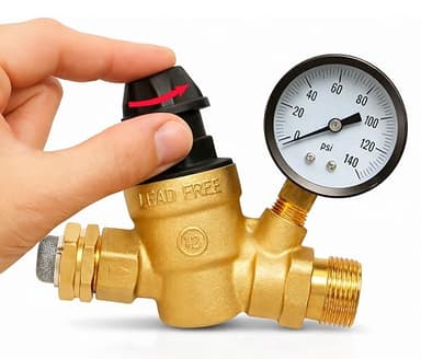PEAKTOW Water Pressure Regulator Valve With An Adjustable Knob, NO Tool Required, Lead-free Adjustable Water Pressure Reducer with Gauge and Inlet Screened Filter for RV, Camper, and Garden Hose